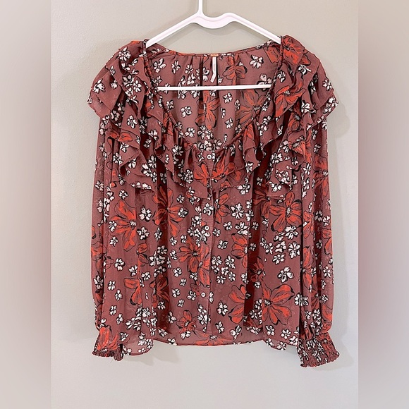 Free People Brown Floral Ruffle Peasent Blouse Size XS - Picture 1 of 5
